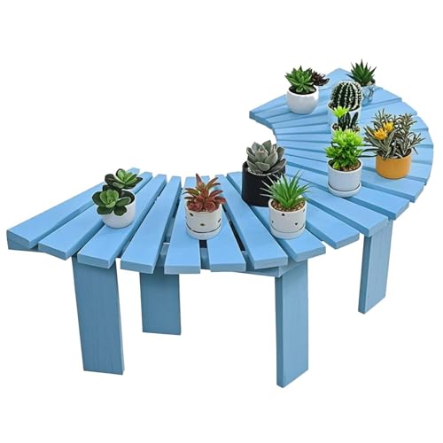 Banco de madera curvado multifuncional como soporte de plantas y jardin