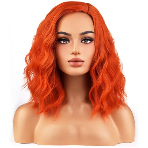 Image of BERON Reddish Orange Wigs for Women Short Curly Wavy Wig Girls Mixed Orange Color Body Heat Resistant Synthetic Hair Wig for Costume Cosplay Party or Daily Use
