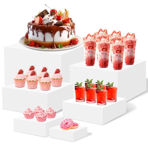 Infreecs 6Pcs Buffet Risers, 3/4/5/6/7/8in Acrylic Display Box White, Hollow Bottom Acrylic Food Display Stands, Reusable Dessert Table Display Set for Catering Dessert Jewelry Collectibles
