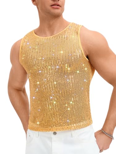 ChiaoLezhee Men's Striped Sequin Tank Top for Rave Outfits, Sparkly Metallic Reflective Sexy Mesh Shirts,Sparkle Glitter Music Festival Party Club Fashion Fitted,Gold,XX-Large