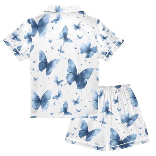senya Navy Butterflies Cartoon Satin Summer Pajama Sets Silk Short Sleeve Button Down Sleepwear2