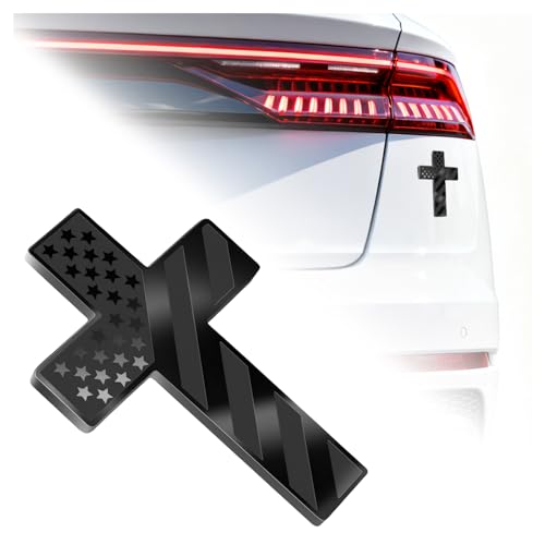 3D 2.56"x1.77" Jesus Cross for Car Metal Emblem American Flag Texture,Stylish Cross Car Decal Badge for Decoration,Personalized Crosses Decals for Cars as Christian Cars Accessories (Black)