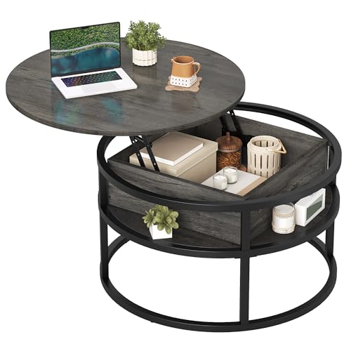 DWVO Coffee Tables for Living Room, Round Lift Top Coffee Table with Storage and Hidden Compartment, Modern Small Circle Coffee Table Wood Farmhouse Center Table, Grey