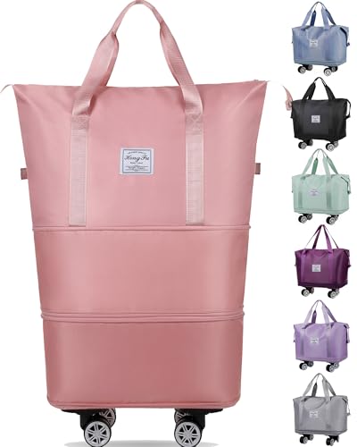 wymulot Expandable Duffle Bag, Folding Travel Bag with Wheels, Weekender Travel Bags for Carry-On, Tote Bags with Storage Space，Large Luggage for Business Trips, Camping, Fitness (Pink)