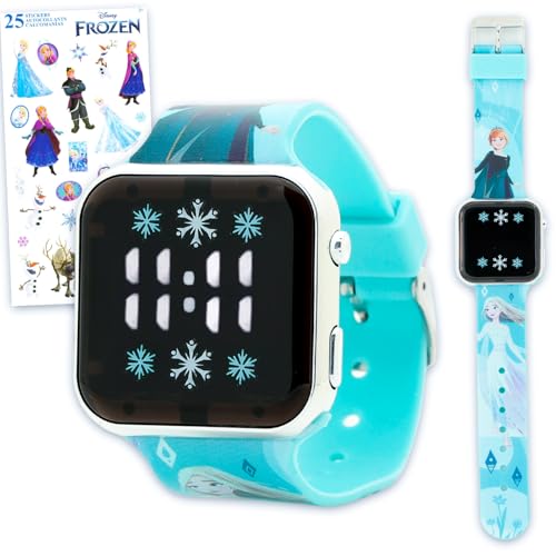 Disney Frozen Watch for Kids - Bundle with LCD Digital Watch for Kids with Straps Featuring Elsa Plus Stickers | Easy to Read Frozen Wristwatch for Girls