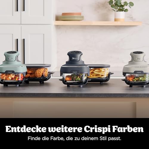Ninja CRISPi tragbare Air fryer Heißluftfritteuse, 3,8 l, 4-in-1: Heißluftfrittieren, Braten, Warmhalten, Recrisp, kompakt, 6 Portionen, 2x herausnehmbare Glasbehälter & Deckel, 1700W, Grau FN101EUGY