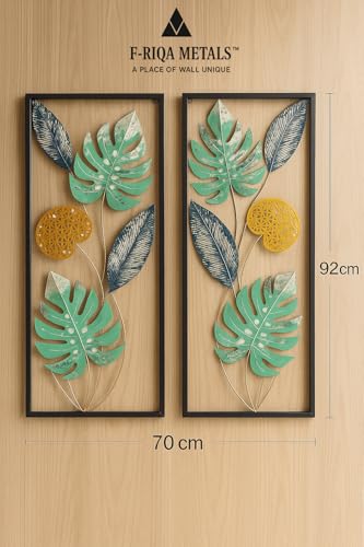 Image of F-RIQA METAL Set of 2 Leaf Design Metal Wall Art | Modern Green & Gold Iron Wall Hanging Frames for Living Room & Bedroom Decor | 36x13 Inch EACH (Handcrafted Metal Wall Decor) (DRAGON-LEAF-SET 2P)
