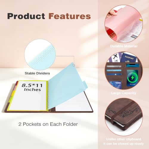 Image of Clipboard with Storage for Men Women, Leather Padfolio Portfolio Organizer 5 Folders with 10 Pockets, Spiral Clipboard Folio with Notepad for Letter Size, Elastic Closure and Pen Loop Brown