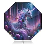 SLHKPNS Folding Umbrella Compact Realistic Unicorns in Magical Forest Travel Automatic Open Close Inverted Umbrella for Rain Sun UV Protection Reverse for Women Men