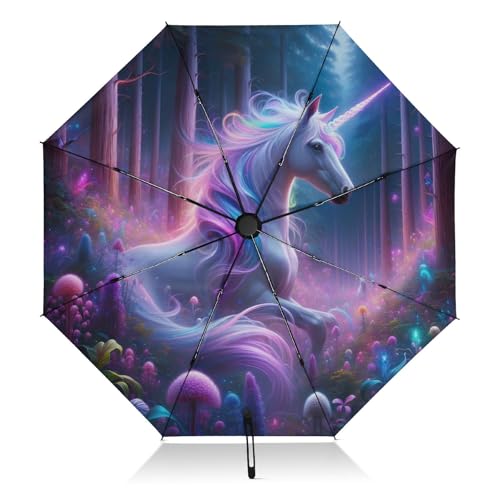 SLHKPNS Folding Umbrella Compact Realistic Unicorns in Magical Forest Travel Automatic Open Close Inverted Umbrella for Rain Sun UV Protection Reverse for Women Men