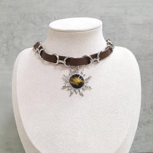 Tiger Eye Necklace, Sun Pendant Necklace with Adjustable Brown Leather Choker Necklace for Women, Goth Necklace, Grunge Hippie Jewelry Gift4