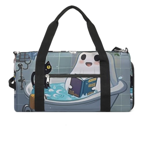 Sac de sport léger blanc motif fantôme et chat noir pour le yoga