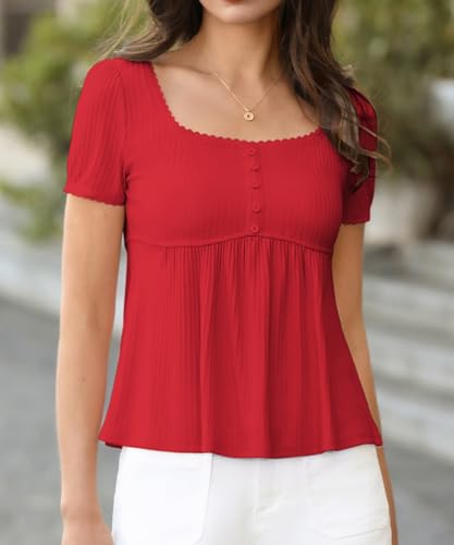 Image of Belle Poque Women's Summer Cute Tops Short Sleeve Babydoll Peplum Top 2026 Square Neck Casual Shirts Teen Top Tee