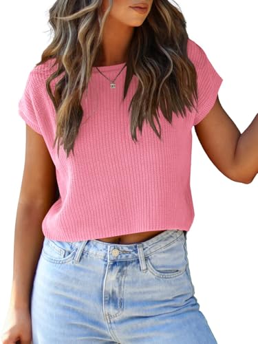 Image of LCXWFE Womens Summer Cropped Sweater Vest Trendy Cap Sleeve Crop Tops Crew Neck Loose Knit Tank Top