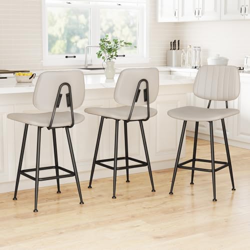 Image of Raynesys 24-Inch Leather Bar Stools Set of 3 with High Backrest, Beige