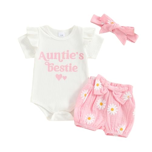 Ursobutegl Aunties Bestie Outfits Newborn Baby Girls Short Ruffle Sleeve Ribbed Romper Floral Shorts Summer Clothing Set(Pink-daisy,0-3 Months)