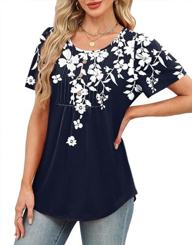 Image of Womens Tops Dressy Casual Blouses Short Sleeve Shirts Plus Size Fashion Clothing Spring Summer Outfits Button Pleated Front