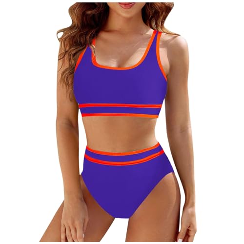 Traje de Baño Mujer Talla Grande 2 Piezas,Conjuntos de Bikini Cintura Alta Mujer Traje Deportivo Dos Piezas Bloque Color Corte Baño Playa