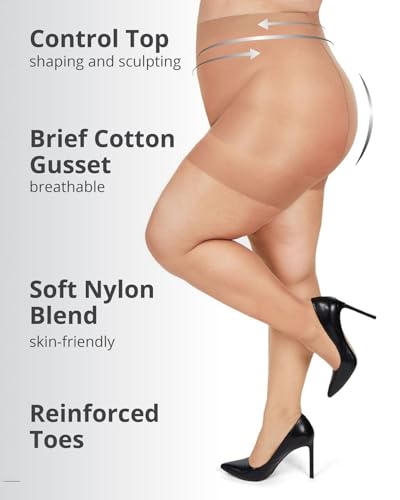 Image of MeMoi Energizing Plus Size Curvy Control Top Pantyhose for Women, Semi Opaque Pantyhose, Lightweight Womens Stockings