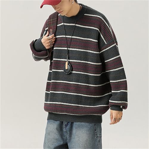 Men's Vintage Sweater Oversized Cable Knit Crewneck Pullovers Casual Long Sleeve Striped Sweaters2
