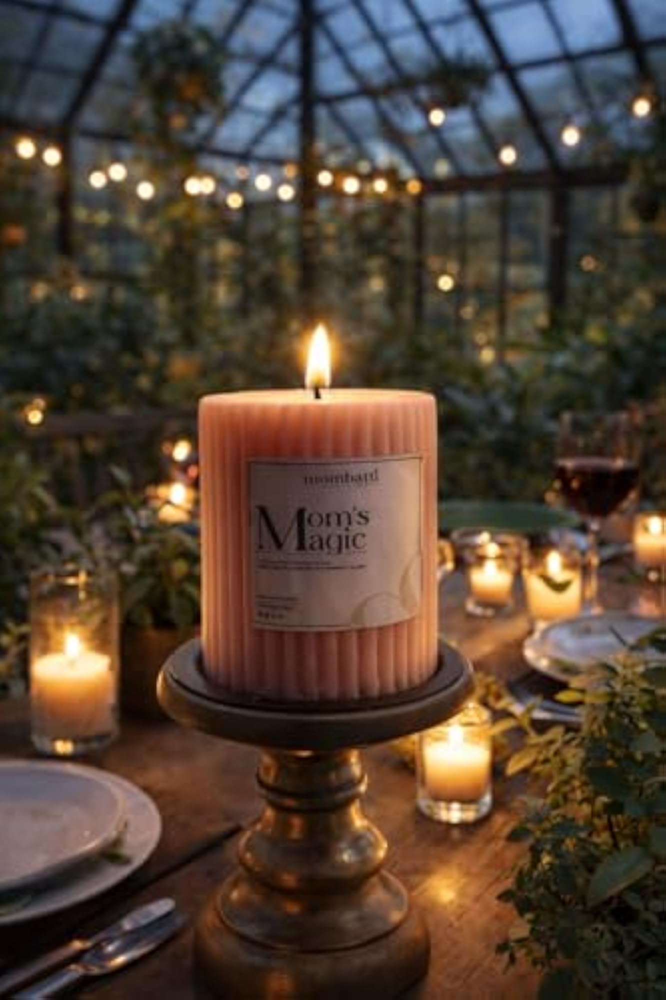 Ribbed Pillar Candle in Decorative Holder