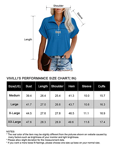 Womens Blouses And Tops Short Sleeve V Neck Shirts Work Casual Summer Tops Zippered Shirt Flattering Tops For Women Loose Fit Clothes Collar Blouse Office Polo Shirts For Women Casual Electric Blue M #TOP4