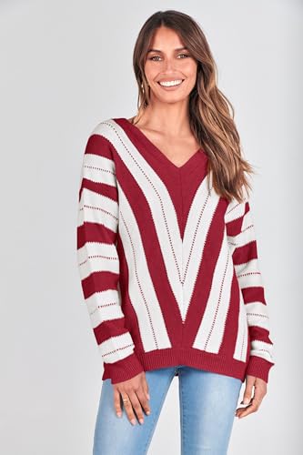 Image of PRETTYGARDEN Women's V Neck Striped Knit Pullover Sweater