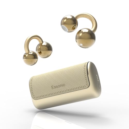 Essonio Ultra Open Ear Earbuds Removable Washable Case Wireless Clip On Headphones Powerful Sound 56H Play Bluetooth 6.0 Dual Device Sync AI Clear Calls Waterproof for Sports Work Gold