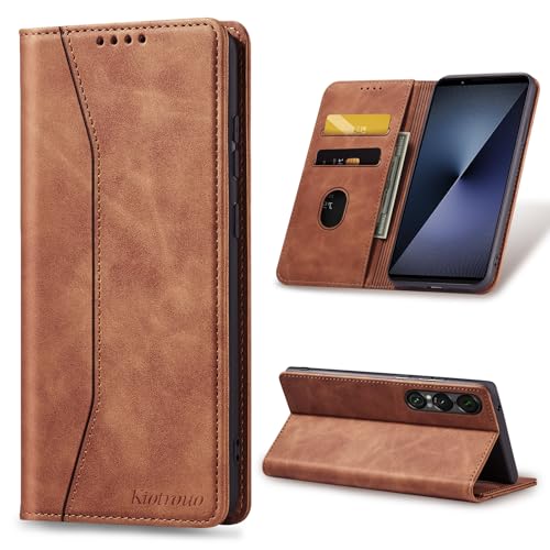 KIOTROUO Funda para Sony Xperia 1 VII 5G, Carcasa de Cuero PU con Ranura para Tarjetas, Protectora Tarjetas, Soporte Plegable, Cierre Magnético, Libro Tipo Flip Case para Xperia Sony 1 VII, Marrón