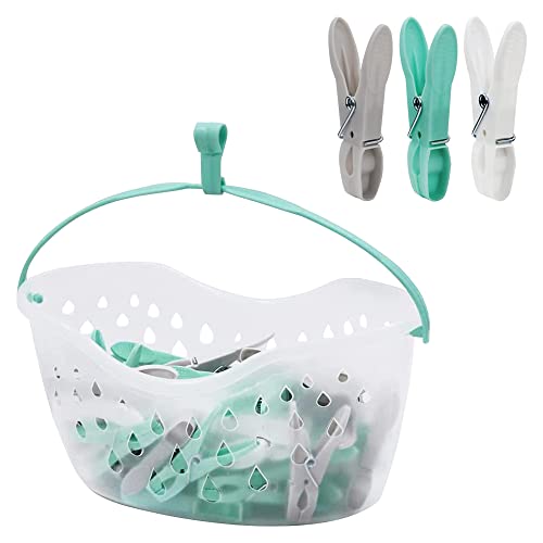 pegs it 36 Plastic Clothes Pegs with Peg Basket for Washing Line with Hanger WeatherResistant Bucket with Drainage Holes | Convenient Laundry Hanging Solution, Aqua Blue, Grey, 12 x 24 x 12 cm