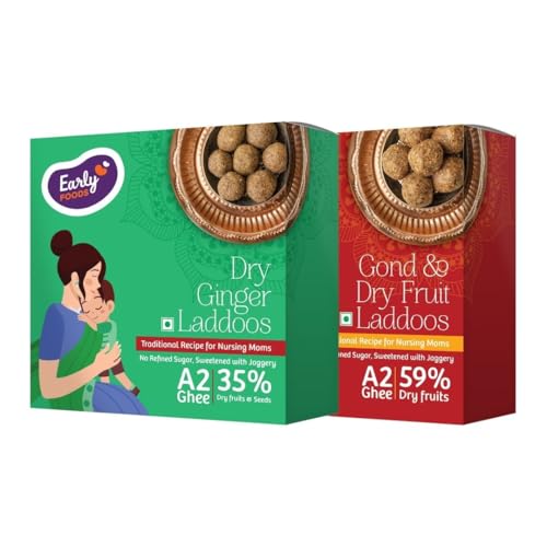 Image of Early Foods Pack of 2: A2 Ghee Gond Laddoo with Jaggery & Dry Ginger Laddoo | Sugar Free Laddu | Desi Ghee Dink Laddu | Sonth Ladu | Dry Fruits Ladoo | postpartum ladoo