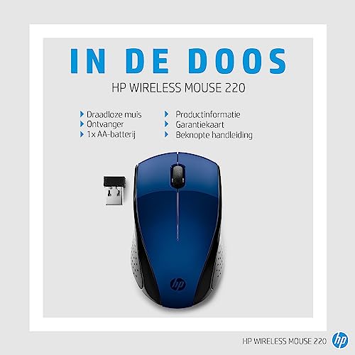 HP - PC 220 - Souris Sans Fil Bleu Lumière (USB, 1600 DPI, Ambidextre) 7KX11AA#ABB 9,48 x 5,7 x 3,91 cm