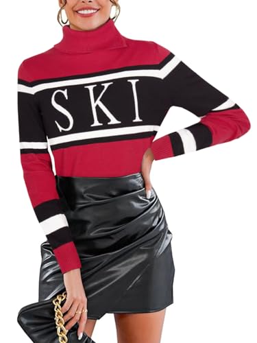Image of Women's 2025 Spring Turtleneck Sweater Colorblock Pullover Tight Knit Ski Sweaters Thermal Shirts Winter Tops