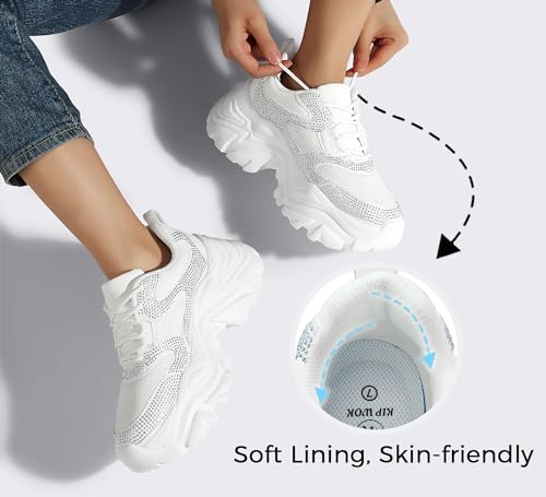 Image of K KIP WOK Chunky Sneakers for Women Fashion Platform White Leather Casual Dad Shoes Comfortable Wedge Walking Sport Sneakers | White Leather Casual Dad Shoes Comfortable Wedge Walking Sport Sneakers