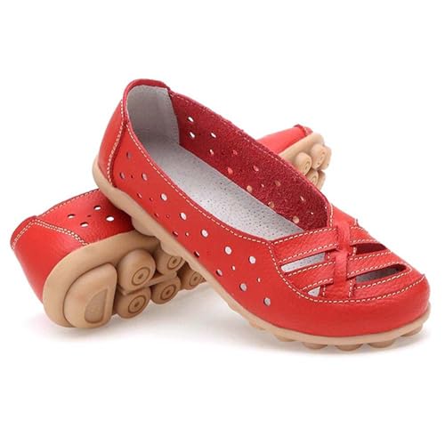 Mocassins orthopédiques pour Femmes Baskets orthopédiques Chaussures en Cuir Creuses Sandales Plates Creuses Chaussures à Enfiler décontractées (Rouge,38)