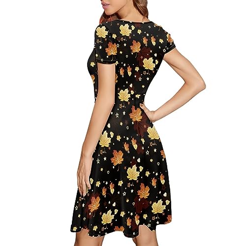 Image of POLERO Women Puffy Swing Elegant Party Midi Dresses Short Sleeve Round Neck A-Line Dress