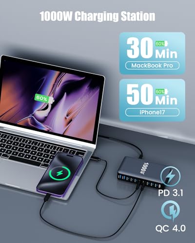 Image of 1000W USB C Charger Block,10-Port USB C GaN Multiple Port Charging Station | Compact Desktop Charger for Home Office,140W Laptop Fast Charger Adapter for MacBook Pro /Air,DELL,iPad,iPhone,Samsung Galaxy