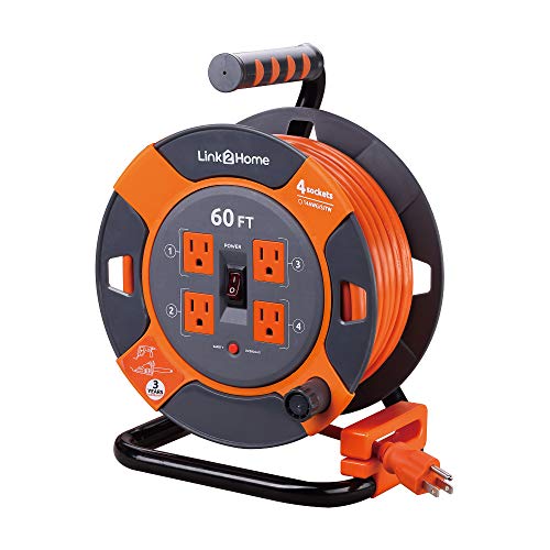 Link2Home Cord Reel 60 ft. Extension Cord 4 Power Outlets – 14 AWG