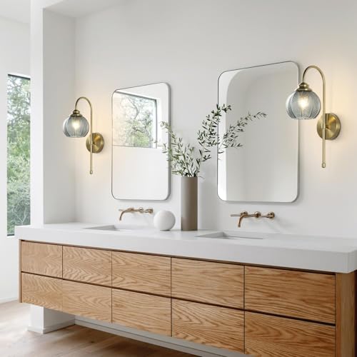 Image of KCO Lighting Brushed Gold Wall Sconce Set of Two Vintage Smoked Glass Wall Lights Mid Century Bathroom Light Sconces Set of 2 Modern Globe Wall Sconce Long Arc Wall Light