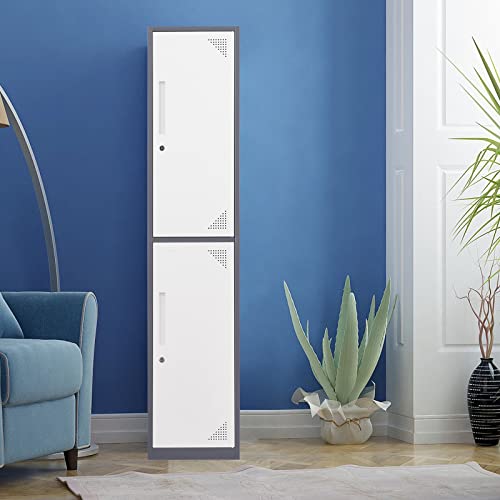 Image of Metal Locker for Home, Dressing Room, 71 inch Steel Storage Lockers for Employees, Lockable Locker Cabinet with 2 Doors (Grey White)