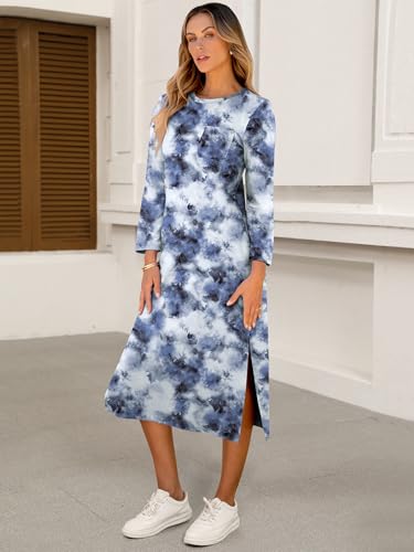 Image of ANRABESS Womens 3 /4 Sleeve Midi T Shirt Fall Dresses | Striped Solid Floral,Long Sleeve Slit Crew Neck &Chest Pocket,2026 Fall Outfits,Casual Travel Vacation Clothes,Summer Spring
