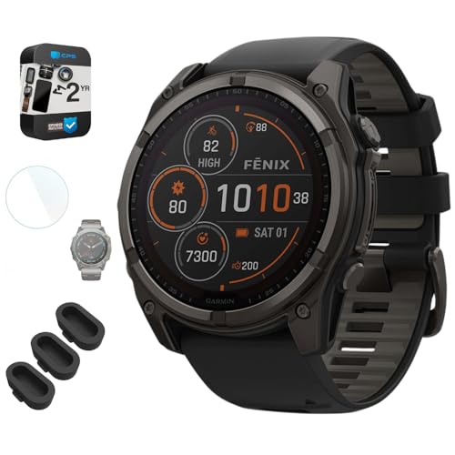 Garmin 010-02906-10 Fenix 8 47 mm Solar Sapphire Carbon Gray DLC Titanium with Black/Pebble Gray Band Bundle with Dust Cover 3 Pack, 1.4 Inch Screen Protector and 2 YR CPS Enhanced Protection Pack