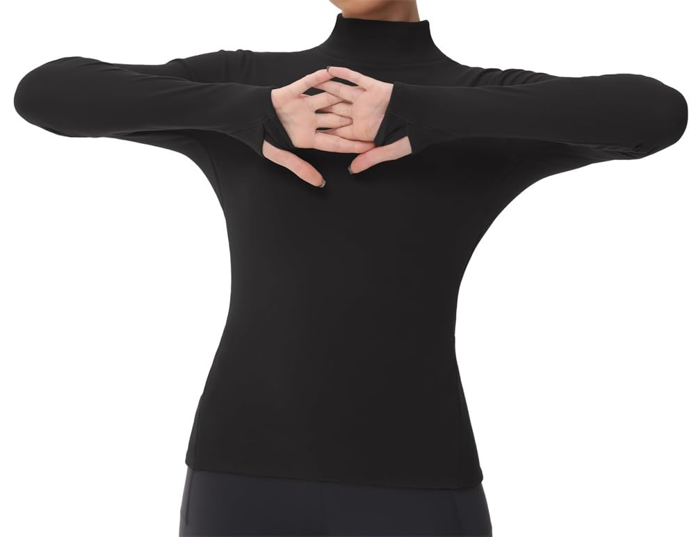 Camicie termiche da donna a maniche lunghe con collo alto, in pile, a maniche lunghe, girocollo