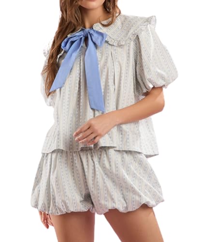 Image of ROAONOCOMO Women Floral Pajama Set Ruffle Puff Sleeve Peplum Shirt Coquette Pj Set Bow Babydoll 2 Piece Shorts Outfit