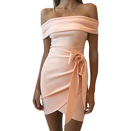 Roroyi Women's Plus Size Dresses Casual Off Shoulder Bodycon Mini Evening Dress with Belt (M, Pink)
