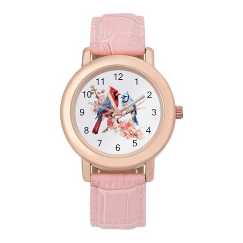 Image of Cardinal and Blue Jay Bird Novelty Women's Wrist Watch with Leather Strap