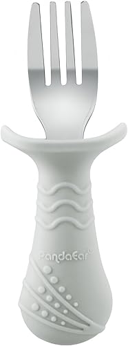 Miniatura 8 de PandaEar Juego de utensilios de tenedor y cuchara para bebés pequeños, paquete de 6 cubiertos de silicona de acero inoxidable, tenedor de cuchara