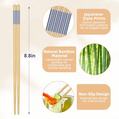 Image of Antner 5 Pairs Bamboo Chopsticks Reusable Japanese Style Chopstick Gift Sets, Classic Natural Bamboo Chop Sticks Dishwasher Safe, 8.8 Inch /22.5cm