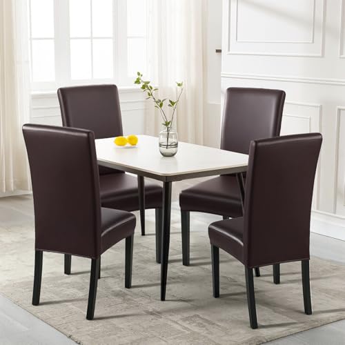 Image of SearchI Waterproof PU Leather Dining Chair Covers, Set of 6, Deep Brown | Stretch, Oilproof, Parsons Chair Slipcovers, Removable Washable, Kitchen Chair Protector for Dining Room, Hotel, Banquet
