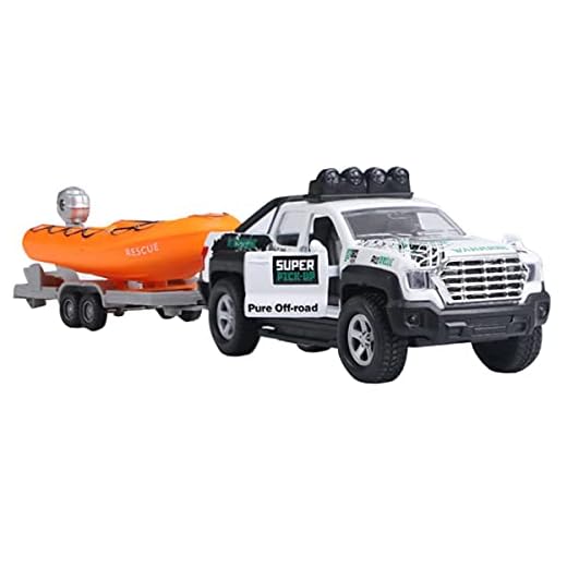 Pickup Truck Trailer Towing Speed Boat 2 in 1 Playset Diecast Model Car Metal Pull Back Toy Cars 1/36 SUV Vehicle Outdoor Sandbox Adventure Play Set Doors Open Light Sound Boys Toys Kids Gifts, White